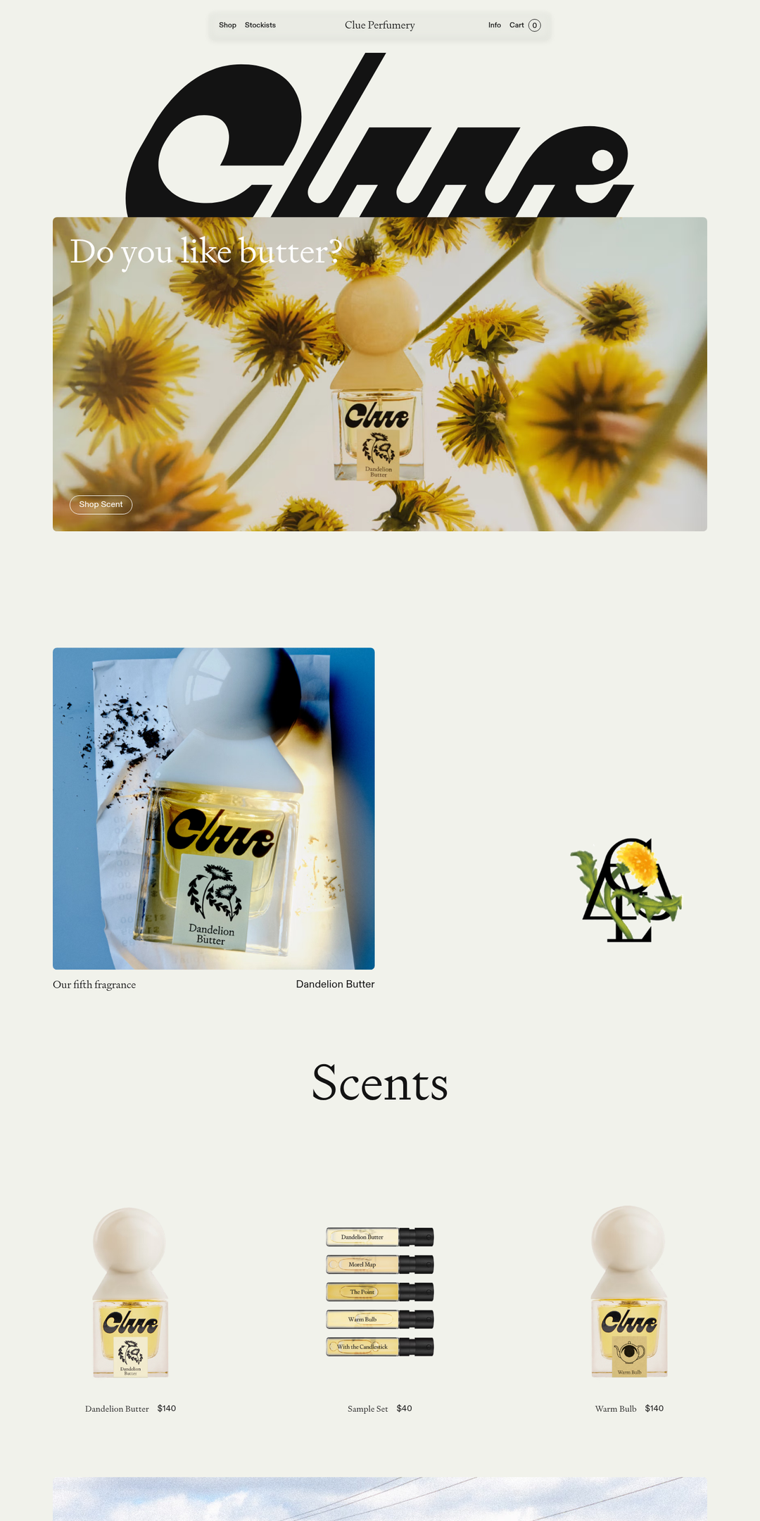 Home page of the Clue Perfumery website