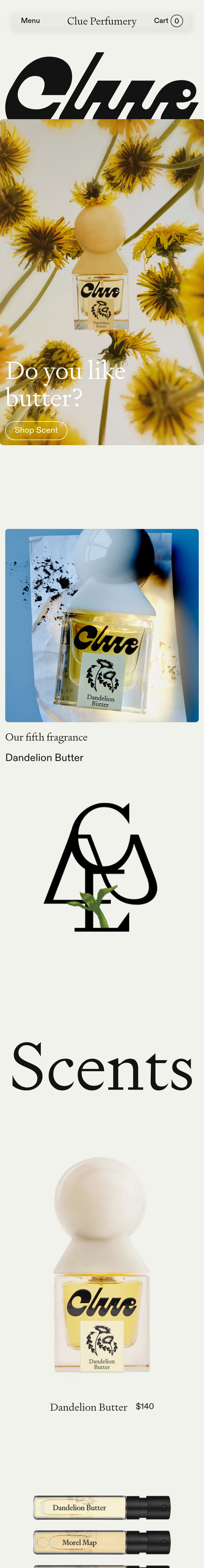 Home page of the Clue Perfumery website, on a phone