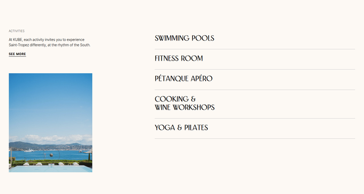 Experiences to Share section from KUBE Saint-Tropez