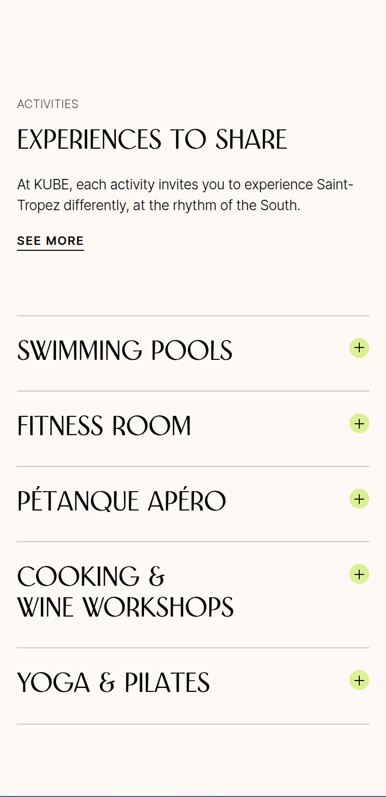 Experiences to Share section from KUBE Saint-Tropez, on a phone