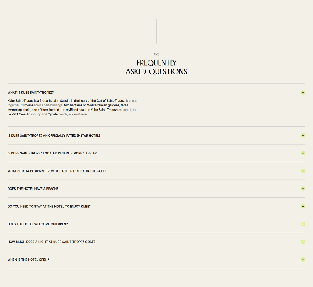 Frequently Asked Questions section from KUBE Saint-Tropez