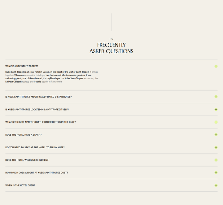 Frequently Asked Questions section from KUBE Saint-Tropez