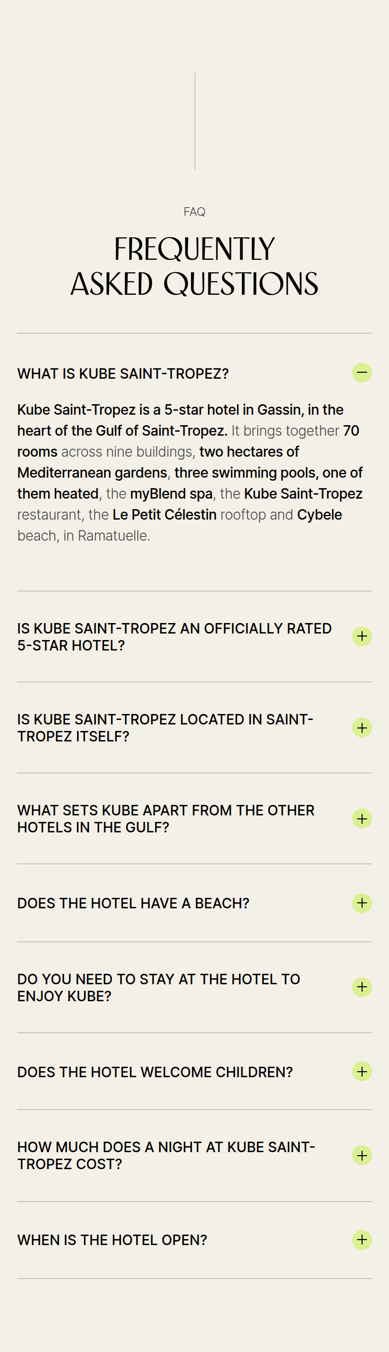 Frequently Asked Questions section from KUBE Saint-Tropez, on a phone