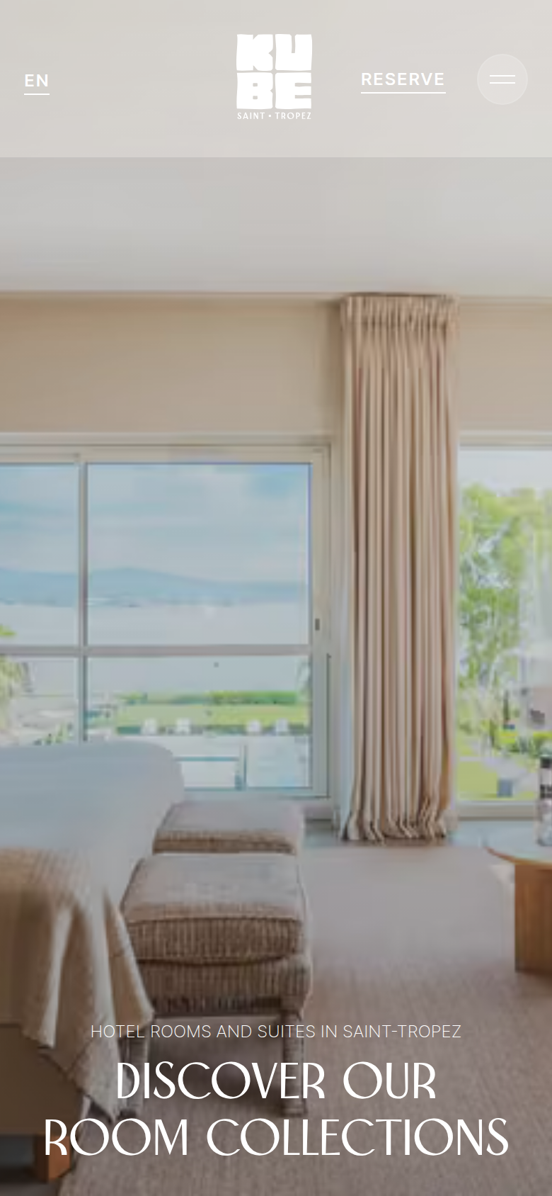 Discover Our Room Collections section from KUBE Saint-Tropez, on a phone