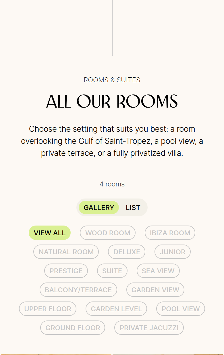 All Our Rooms section from KUBE Saint-Tropez, on a phone