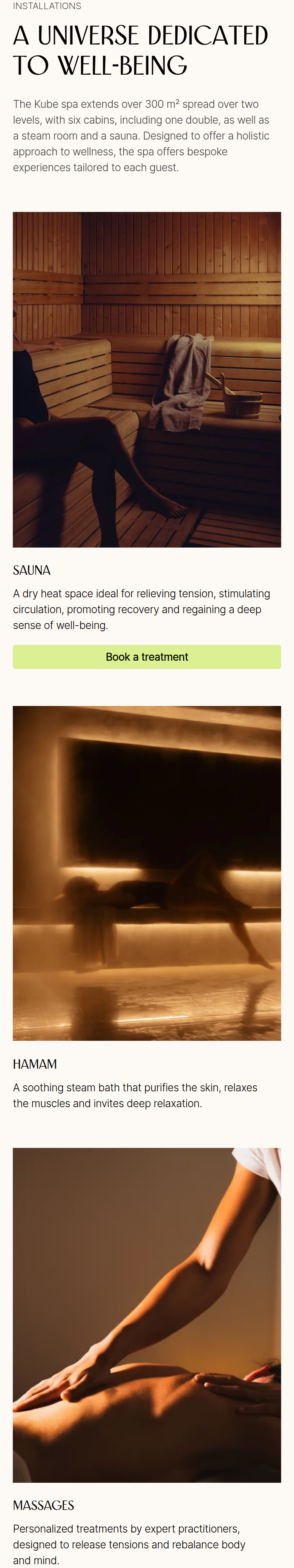 A Universe Dedicated to Well-Being section from KUBE Saint-Tropez, on a phone