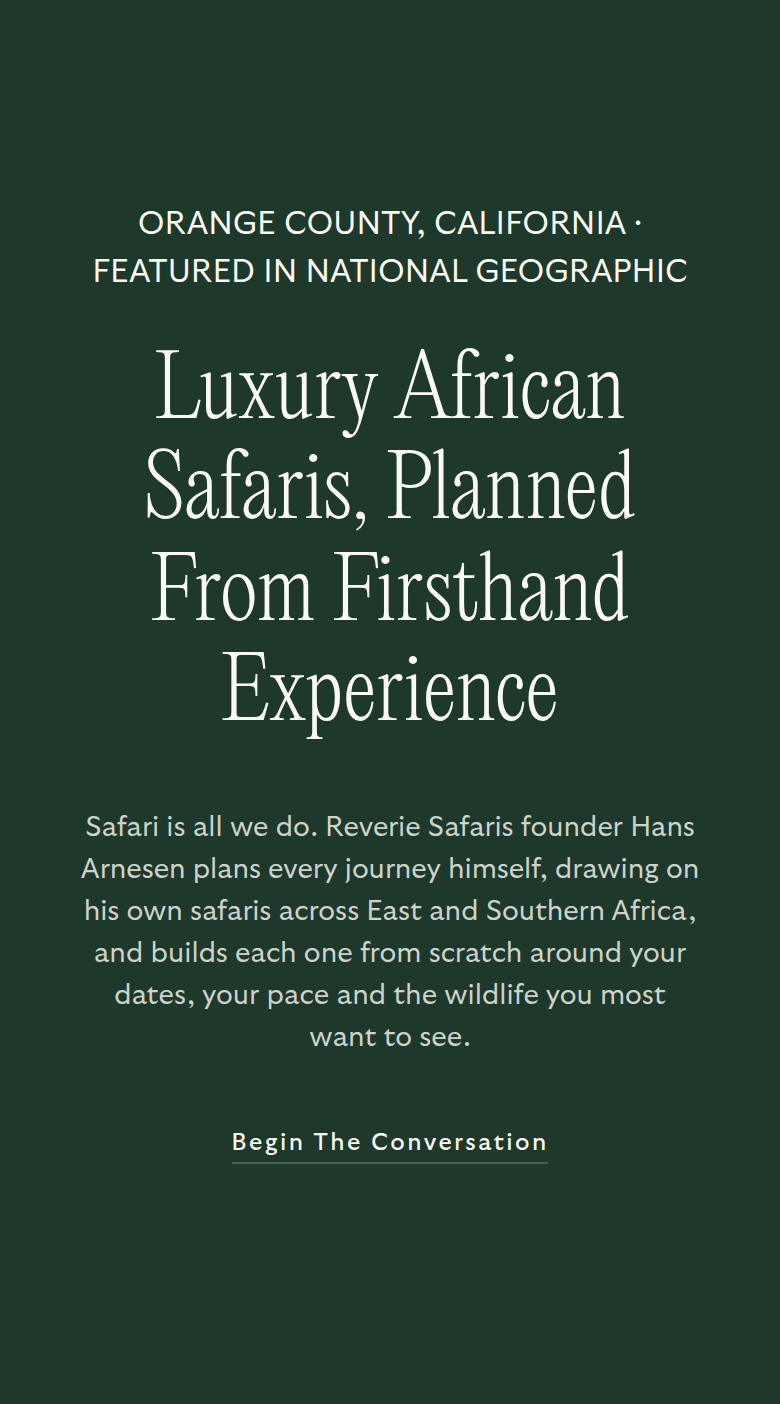 Luxury African Safaris, Planned From Firsthand Experience section from Reverie Safaris, on a phone