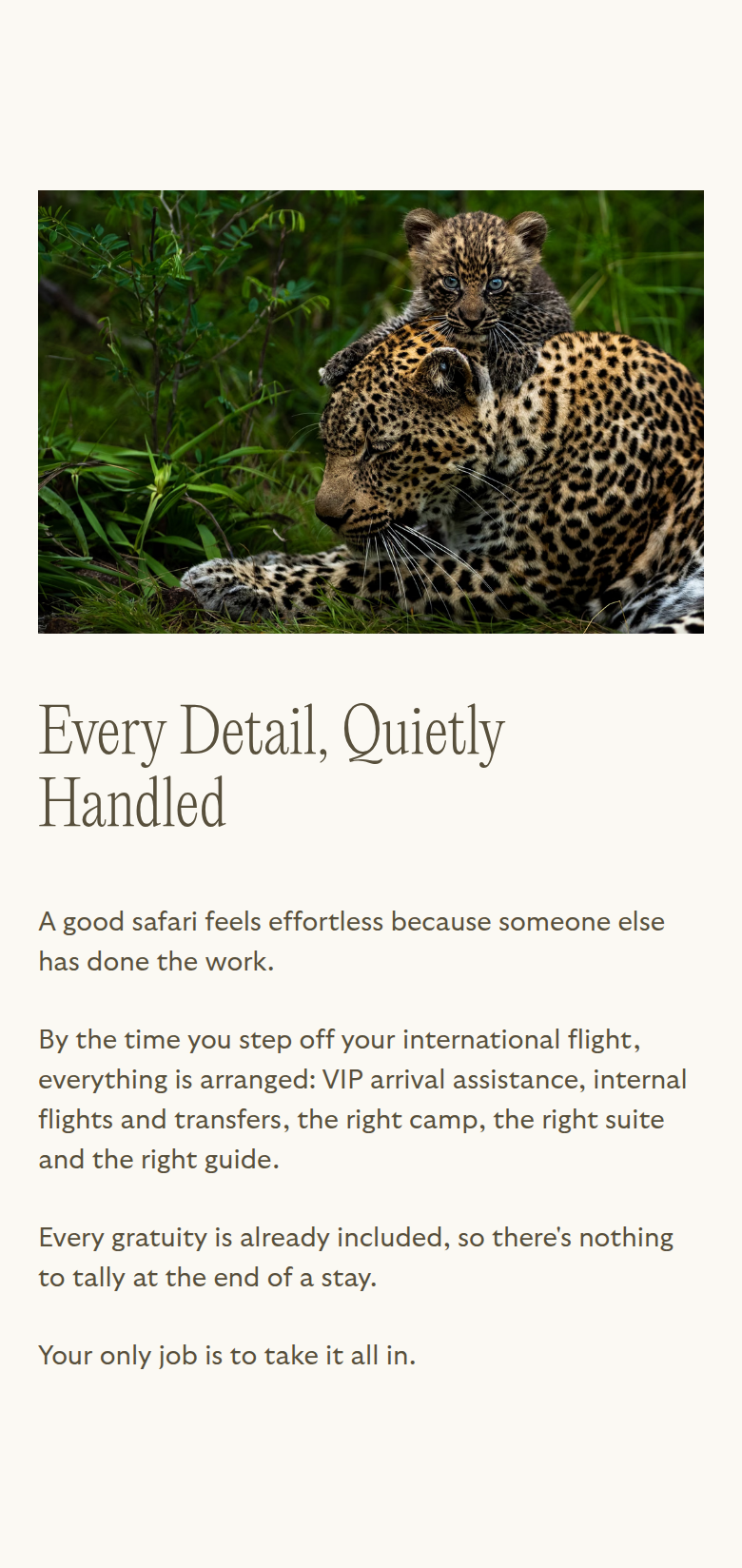 Every Detail, Quietly Handled section from Reverie Safaris, on a phone