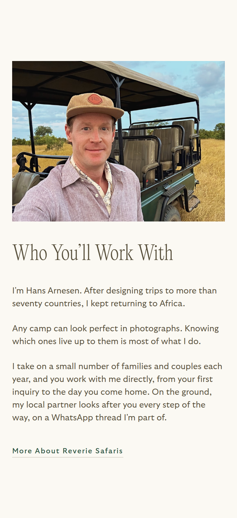 Who You'll Work With section from Reverie Safaris, on a phone