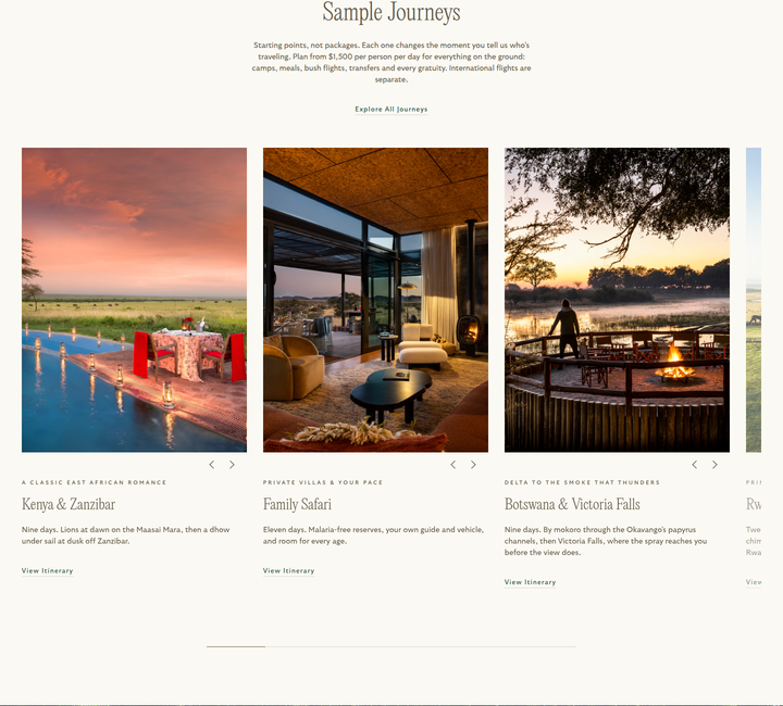 Sample Journeys section from Reverie Safaris