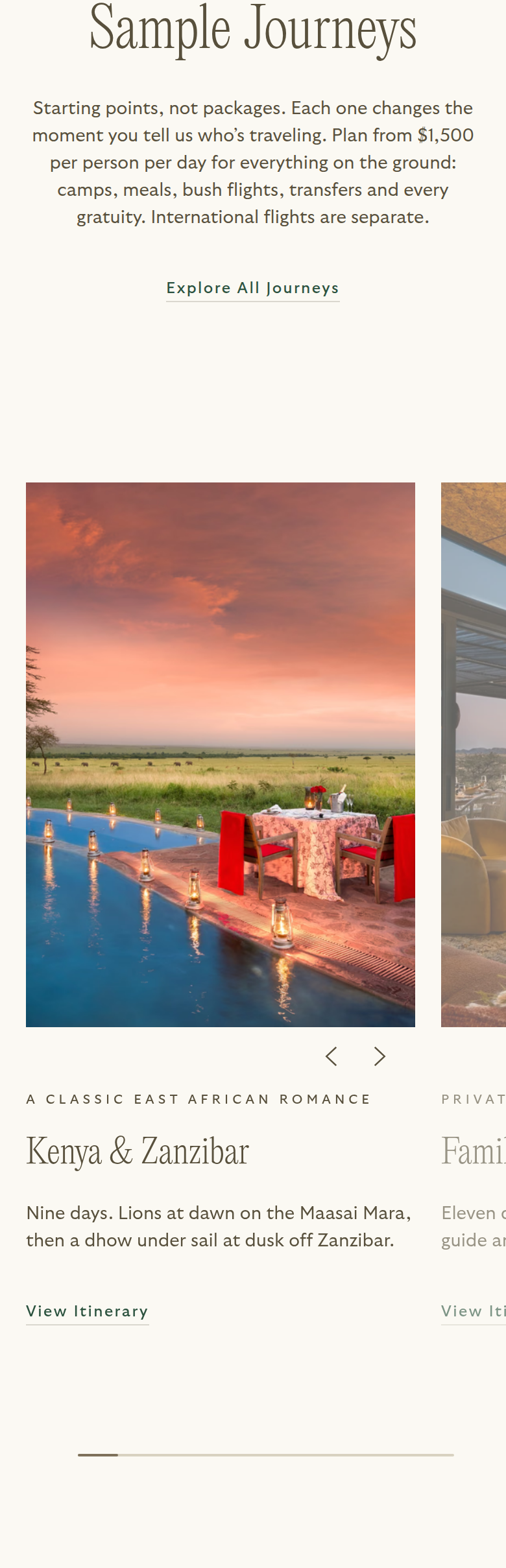 Sample Journeys section from Reverie Safaris, on a phone