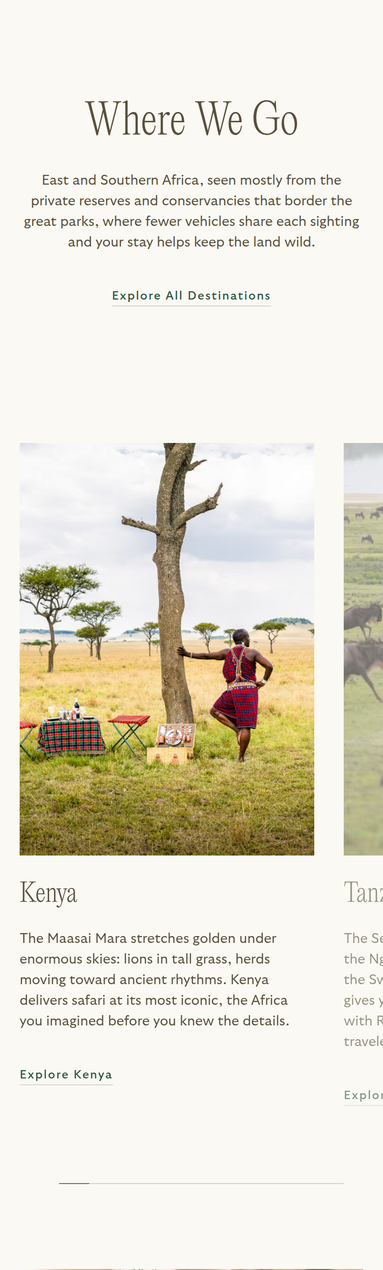 Where We Go section from Reverie Safaris, on a phone