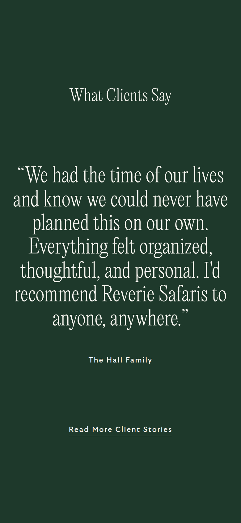 What Clients Say section from Reverie Safaris, on a phone