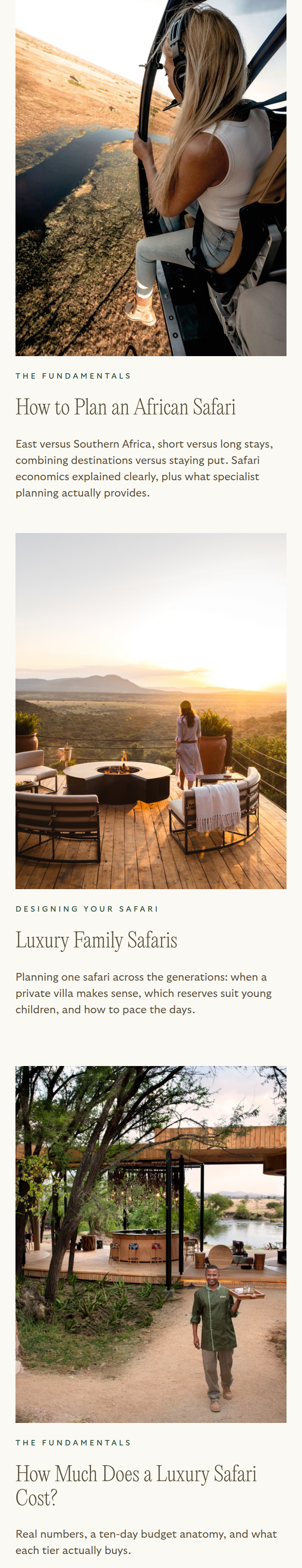 Planning Guides section from Reverie Safaris, on a phone