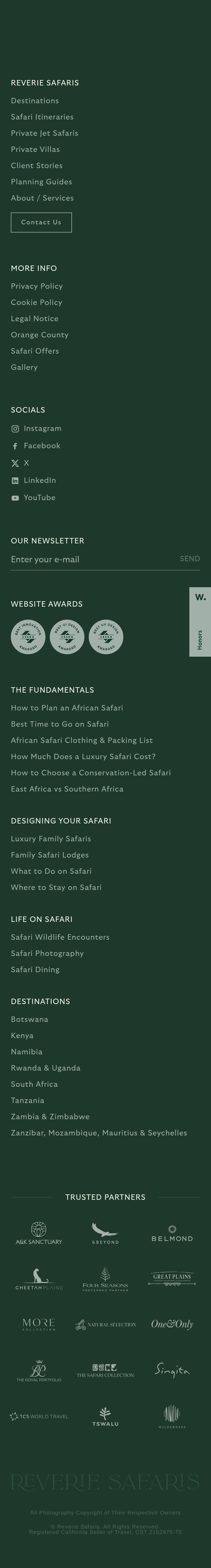 Footer section from Reverie Safaris, on a phone