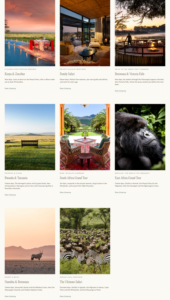 Itinerary Cards section from Reverie Safaris