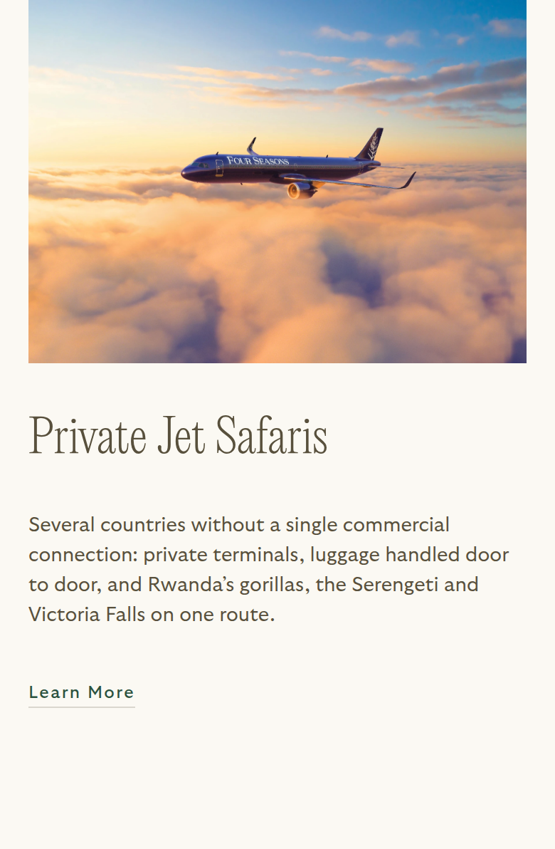 Private Jet Safaris section from Reverie Safaris, on a phone