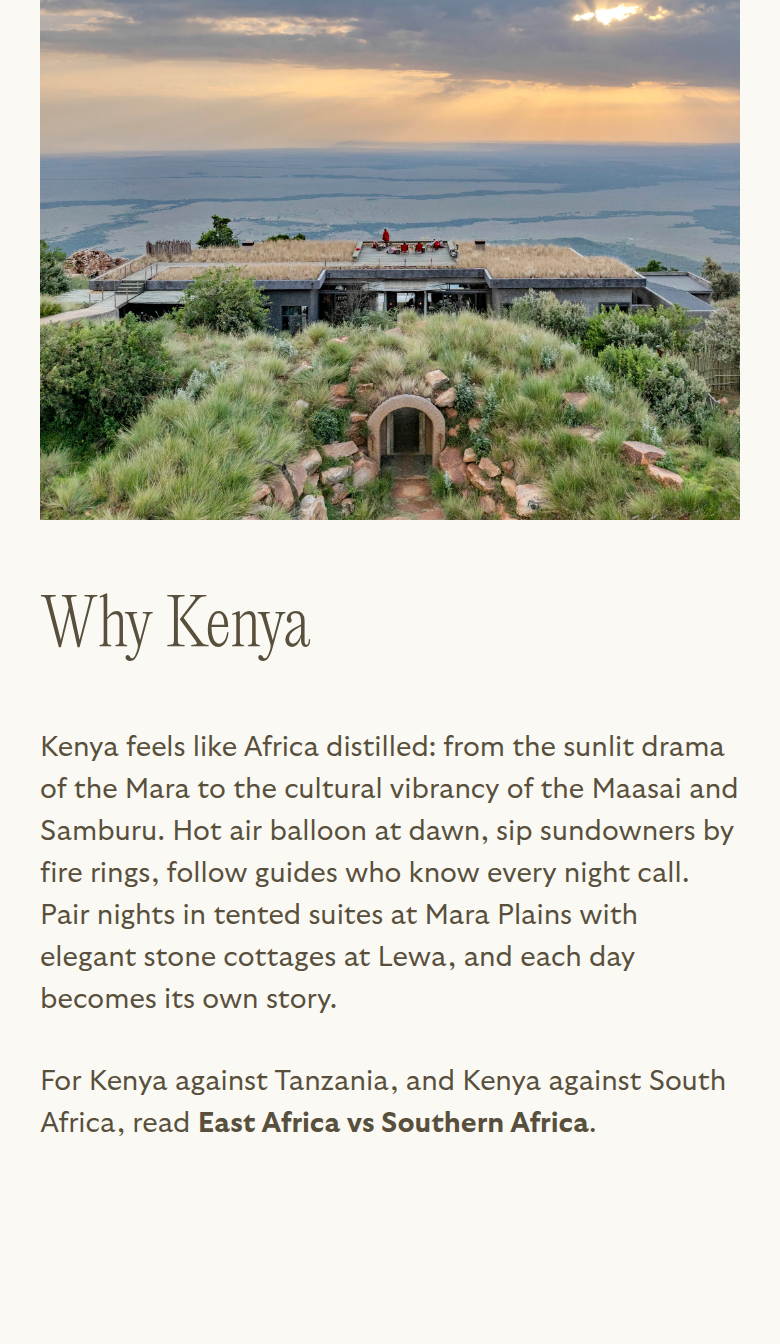 Why Kenya section from Reverie Safaris, on a phone