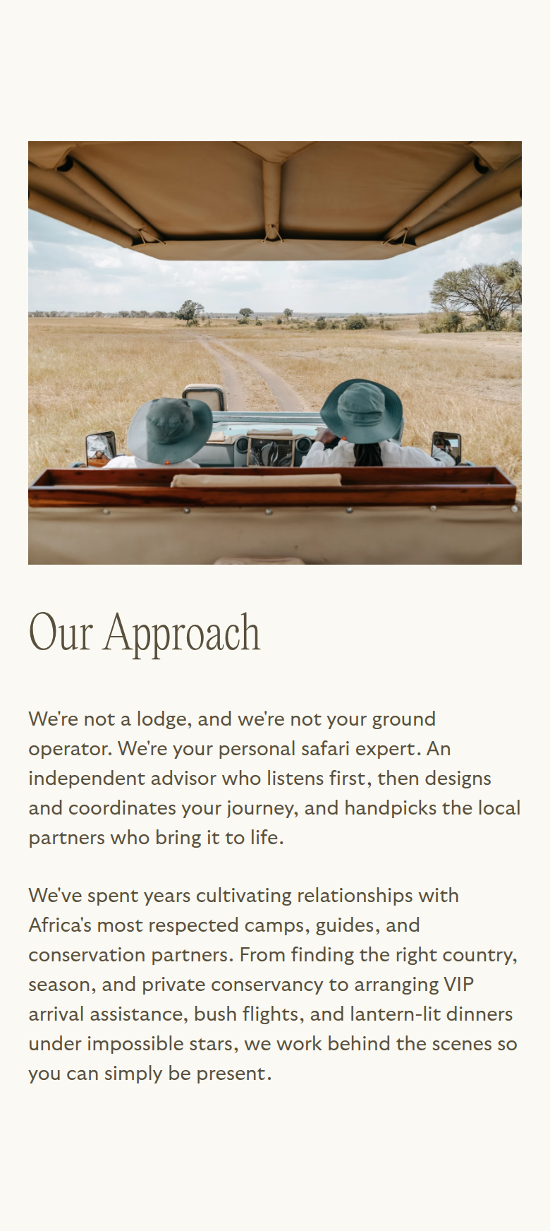 Our Approach section from Reverie Safaris, on a phone