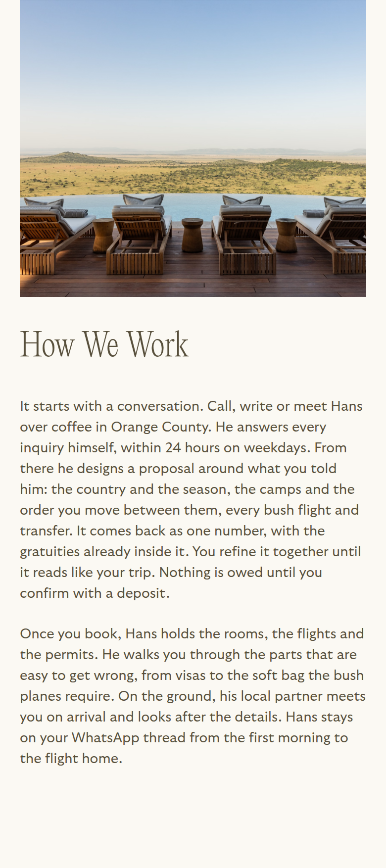 How We Work section from Reverie Safaris, on a phone