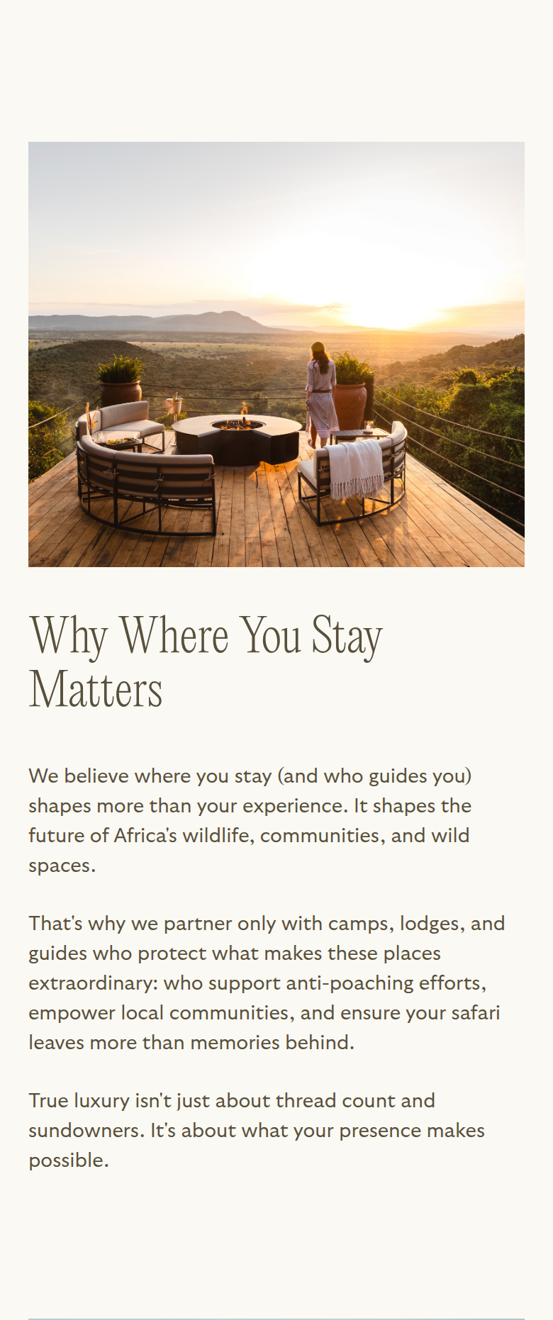 Why Where You Stay Matters section from Reverie Safaris, on a phone