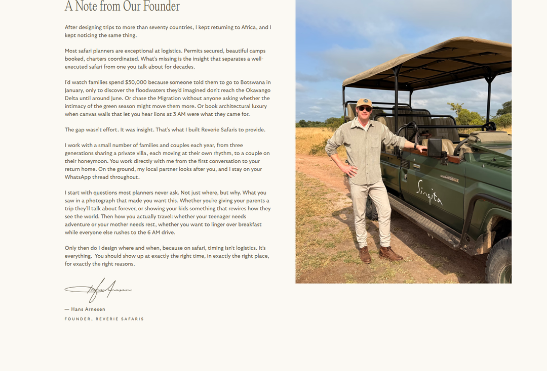 A Note from Our Founder section from Reverie Safaris