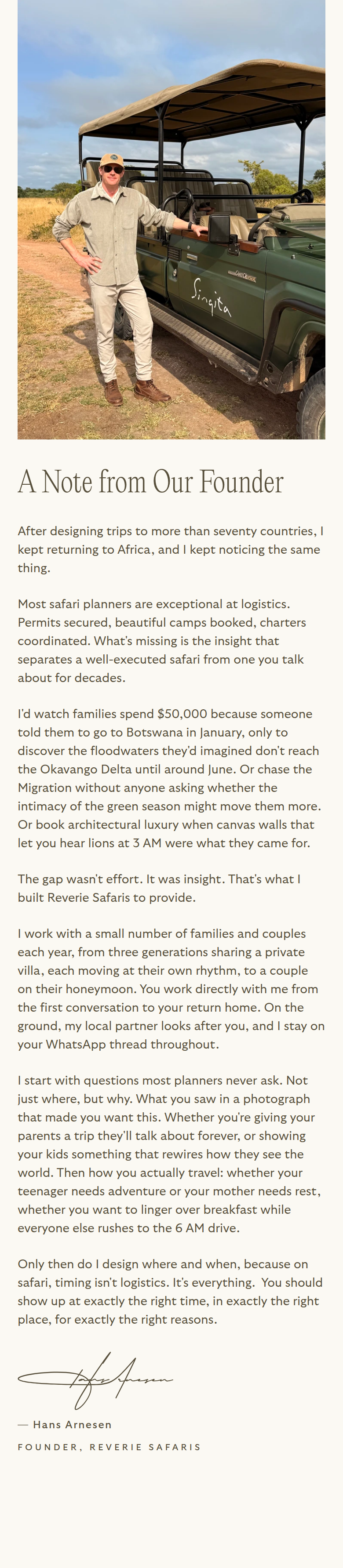 A Note from Our Founder section from Reverie Safaris, on a phone