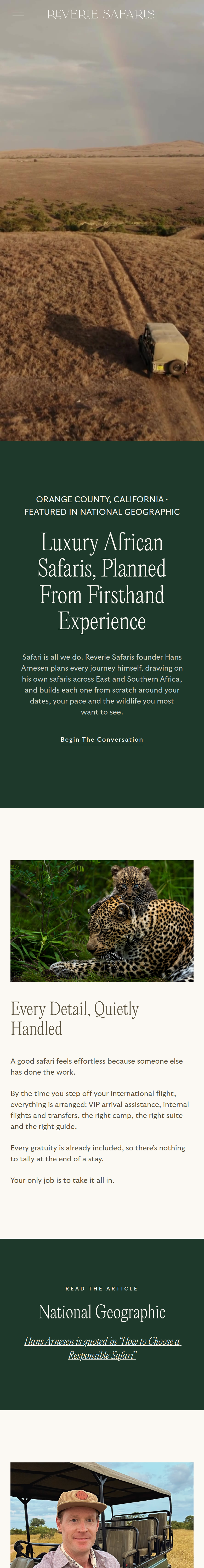 Home page of the Reverie Safaris website, on a phone