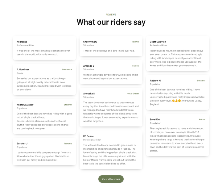 What Our Riders Say section from Icebike Adventures