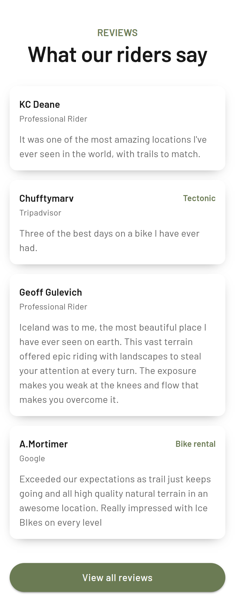 What Our Riders Say section from Icebike Adventures, on a phone