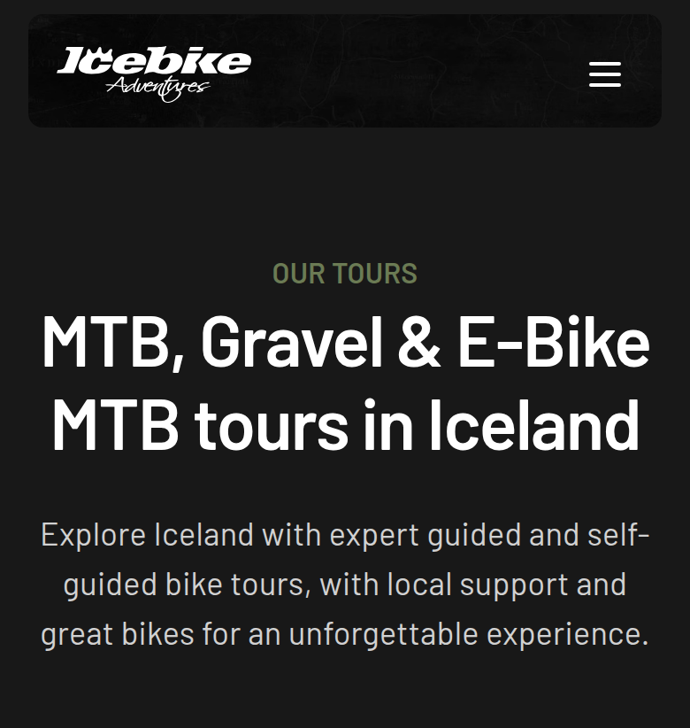 MTB, Gravel and E-Bike MTB Tours in Iceland section from Icebike Adventures, on a phone