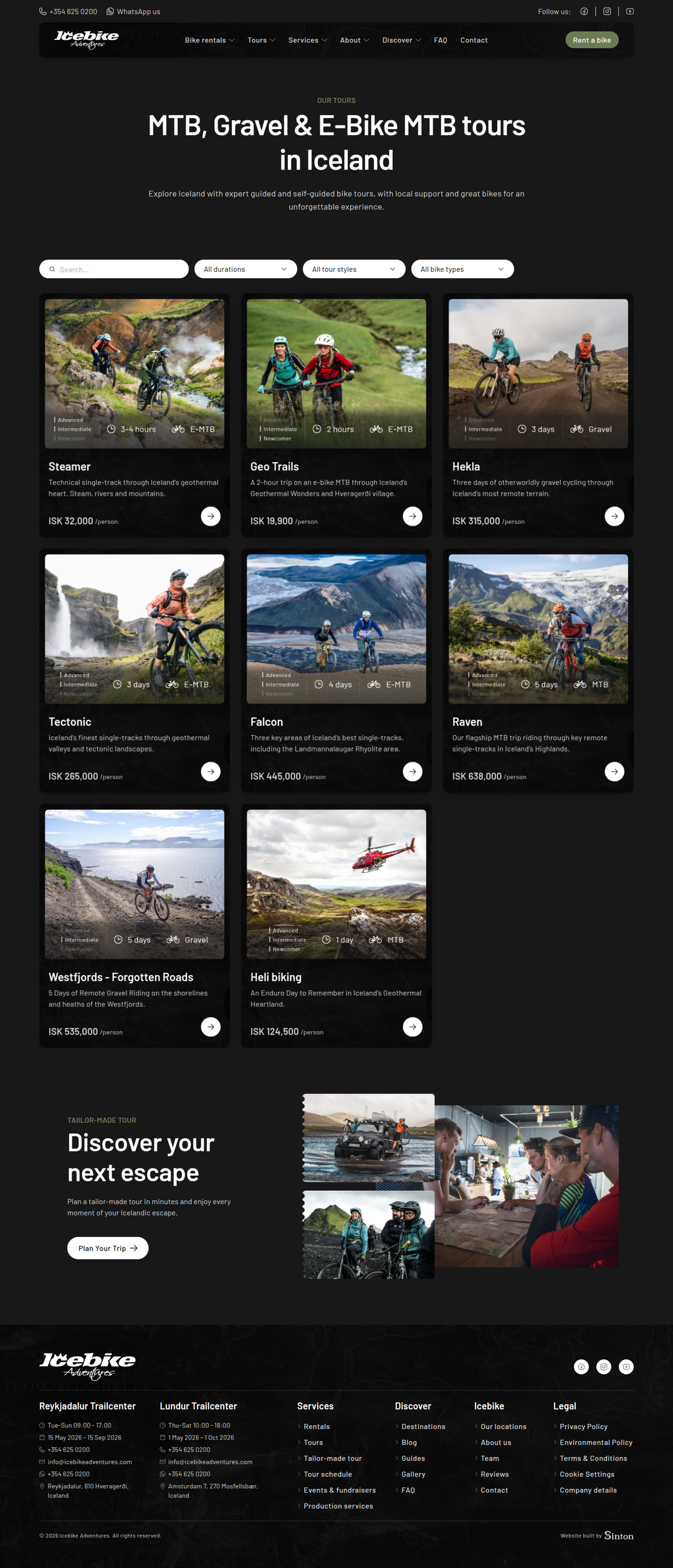Tours page of Icebike Adventures