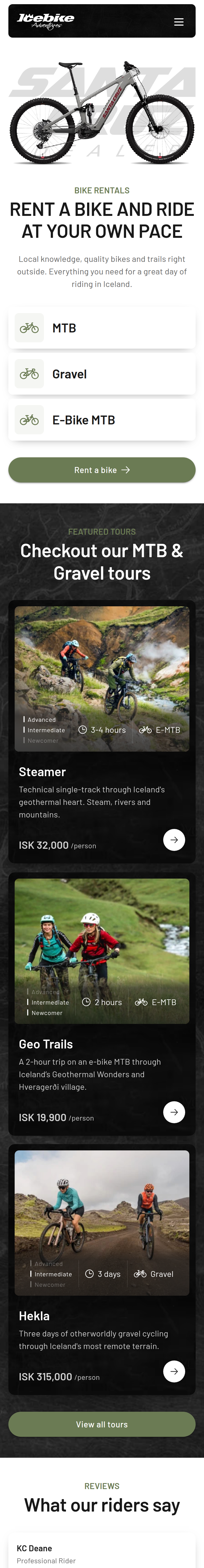 Home page of the Icebike Adventures website, on a phone