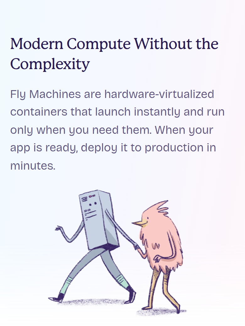 Modern Compute Without the Complexity section from Fly.io, on a phone