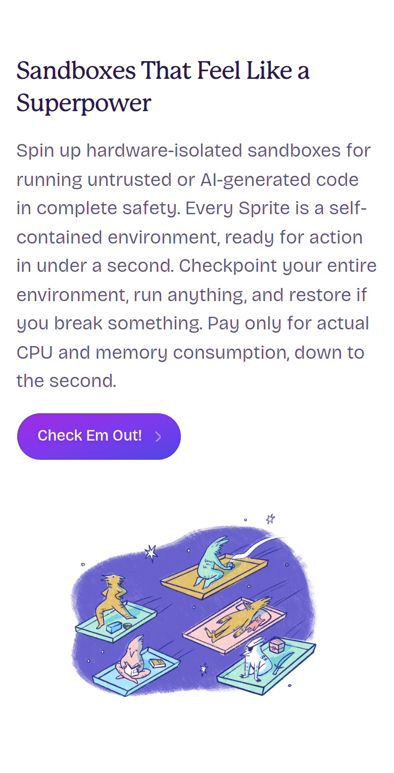 Sandboxes That Feel Like a Superpower section from Fly.io, on a phone