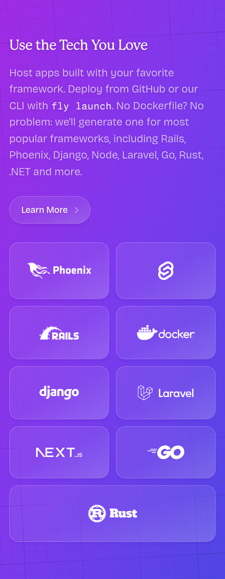 Use the Tech You Love section from Fly.io, on a phone