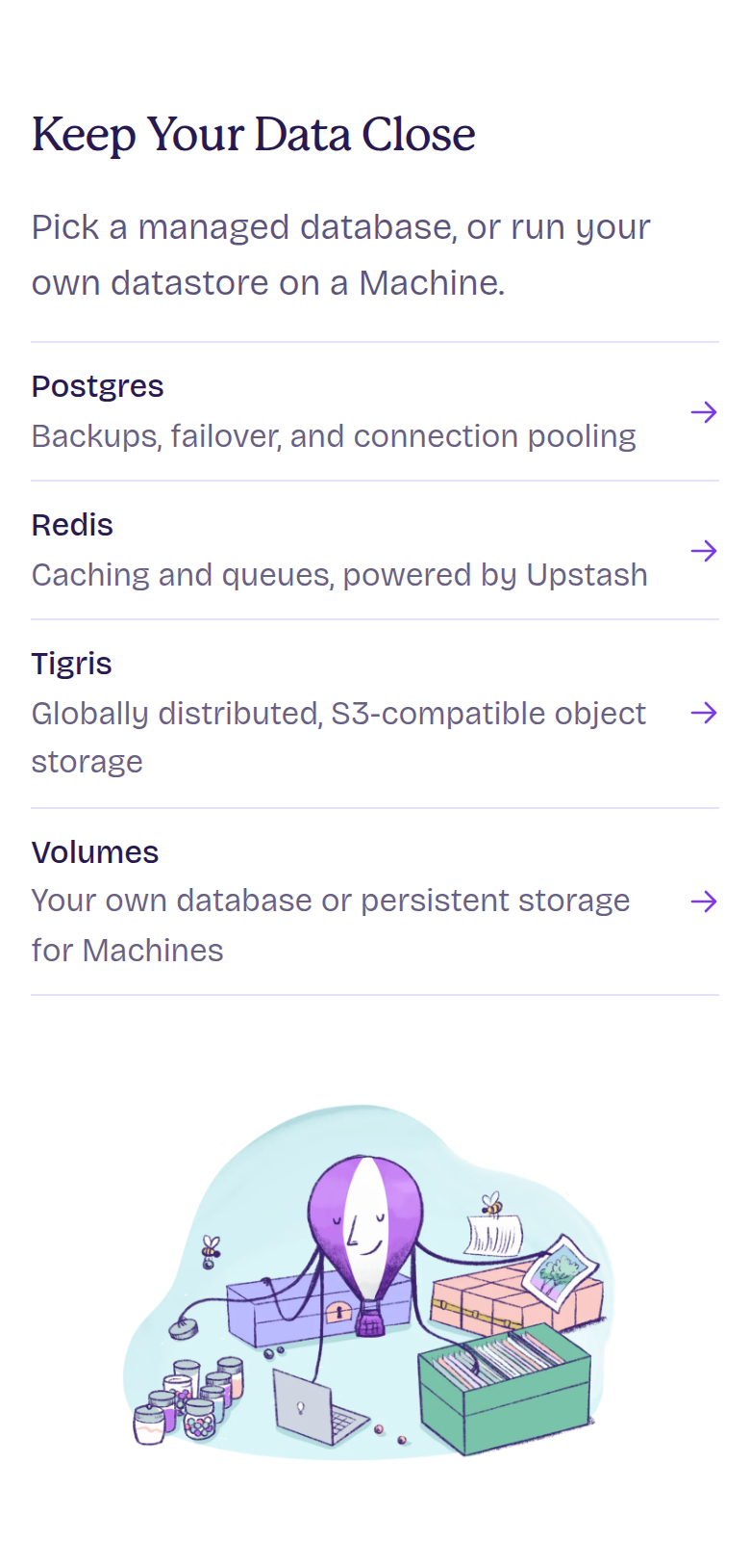 Keep Your Data Close section from Fly.io, on a phone