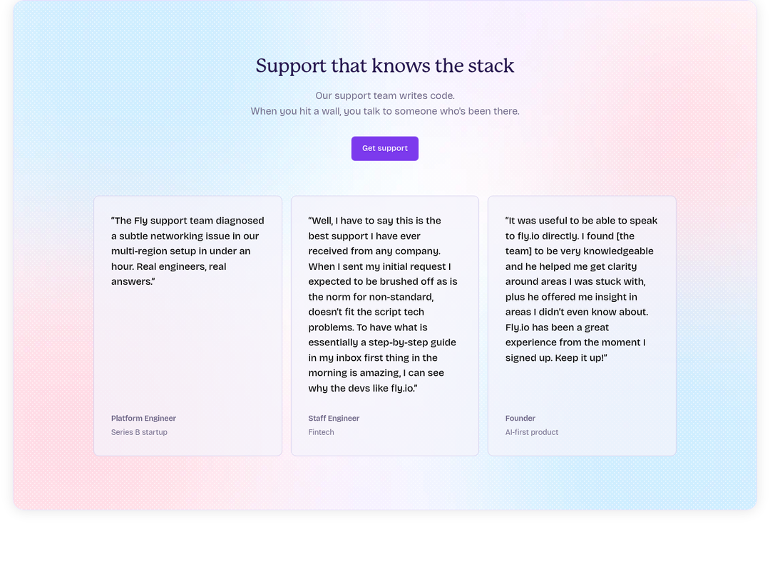 Support That Knows the Stack section from Fly.io