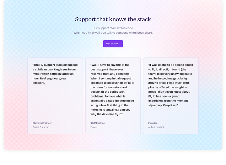 Support That Knows the Stack section from Fly.io