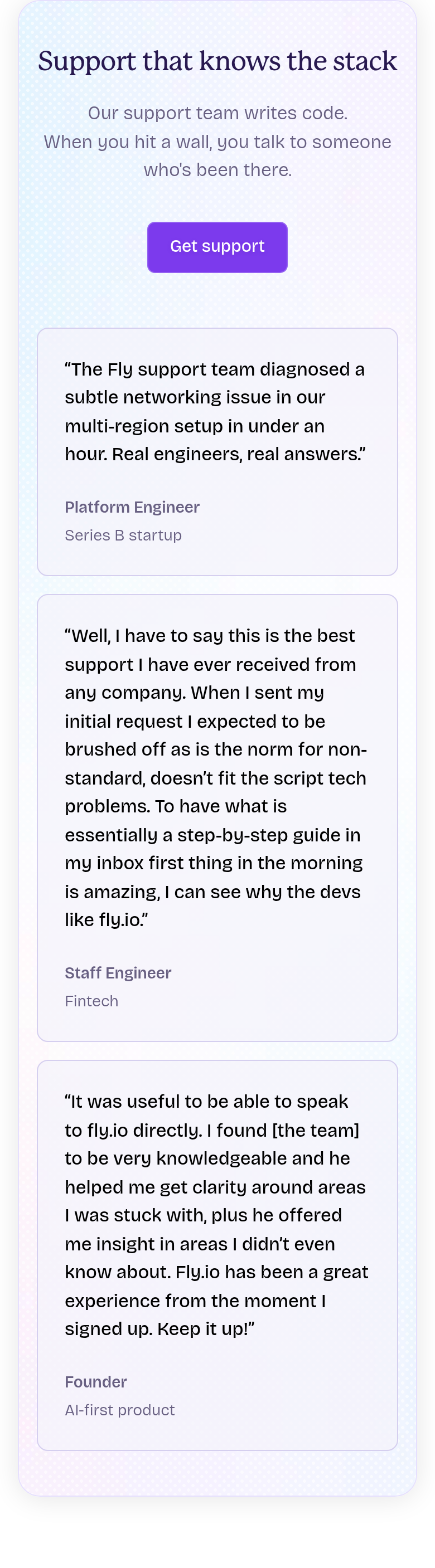 Support That Knows the Stack section from Fly.io, on a phone