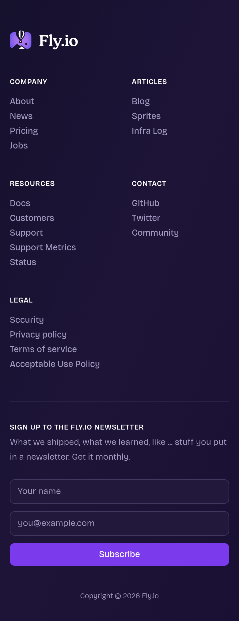 Footer section from Fly.io, on a phone