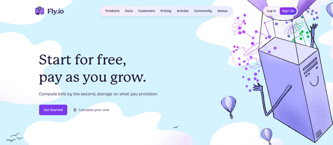 Start for Free, Pay as You Grow section from Fly.io