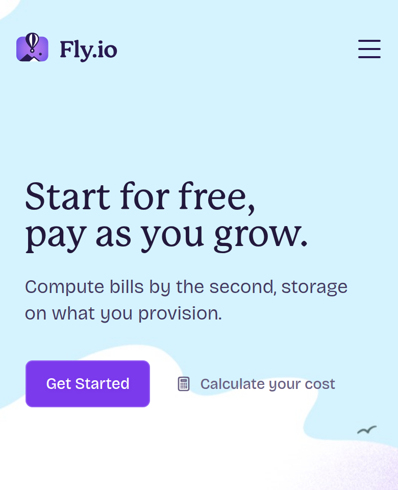 Start for Free, Pay as You Grow section from Fly.io, on a phone