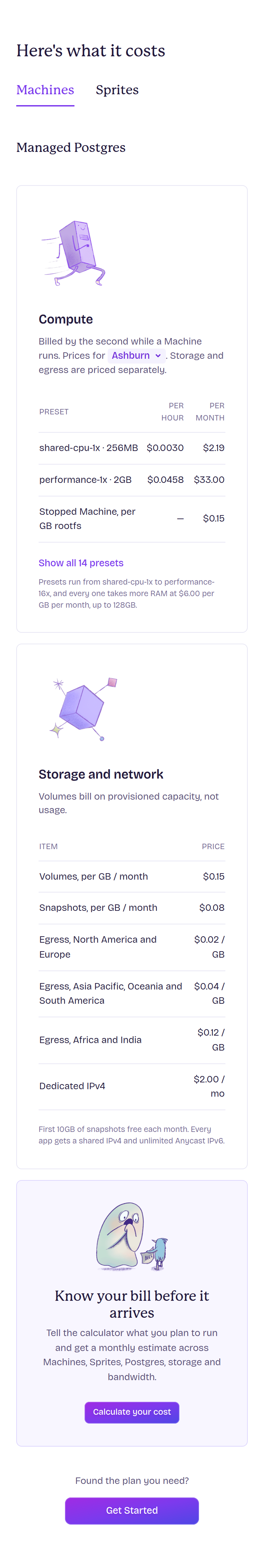What It Costs section from Fly.io, on a phone