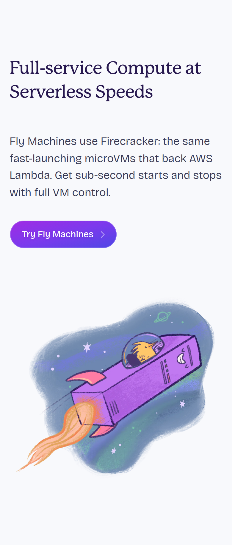 Full-Service Compute at Serverless Speeds section from Fly.io, on a phone