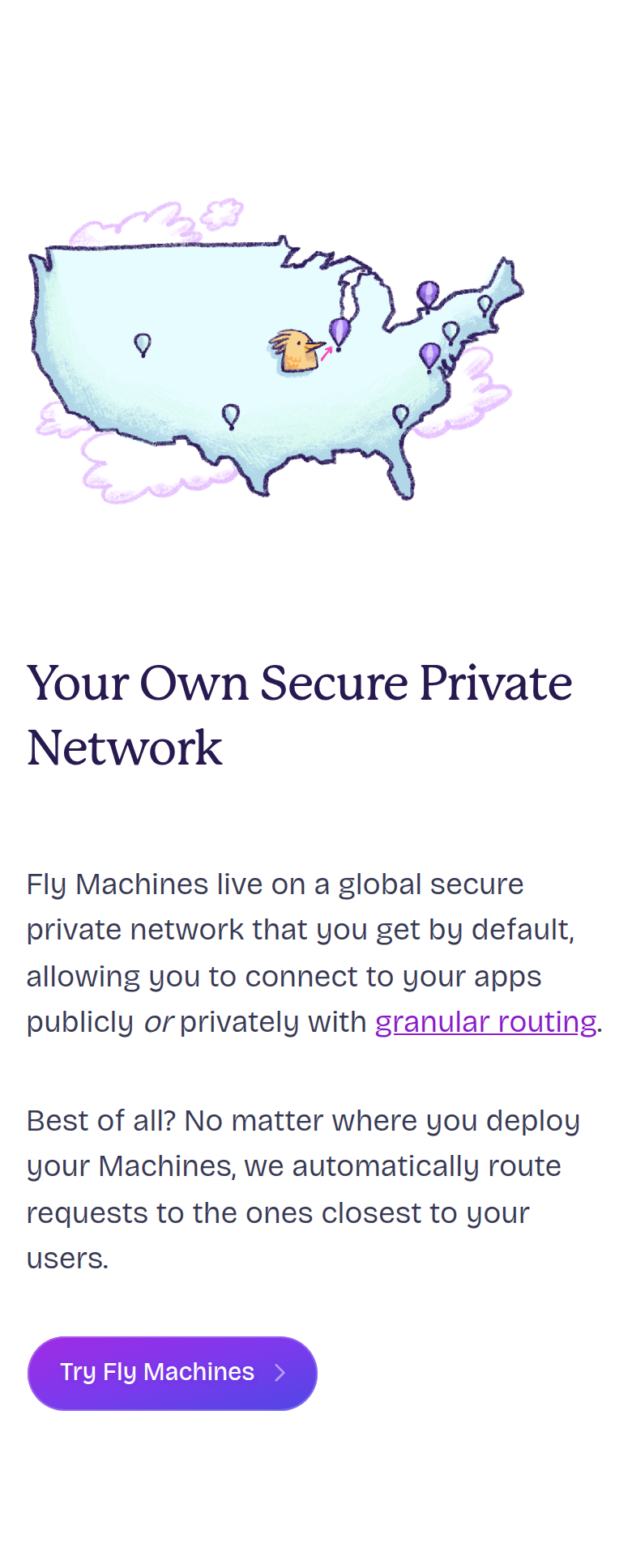 Your Own Secure Private Network section from Fly.io, on a phone