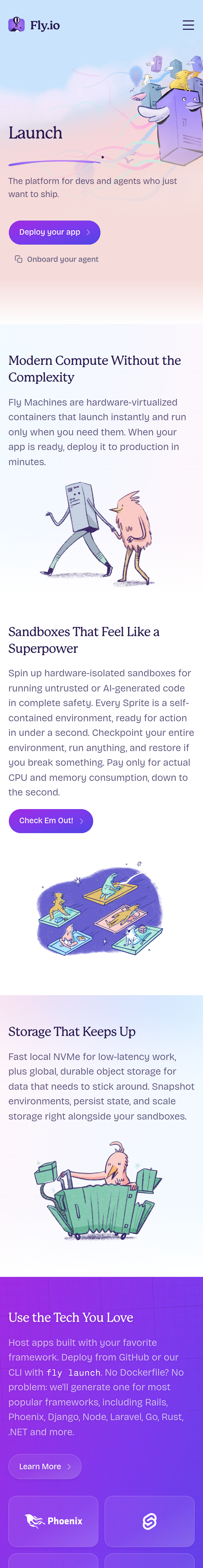 Home page of the Fly.io website, on a phone