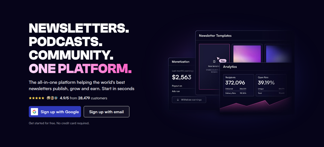 Newsletters. Podcasts. Community. One Platform. section from beehiiv
