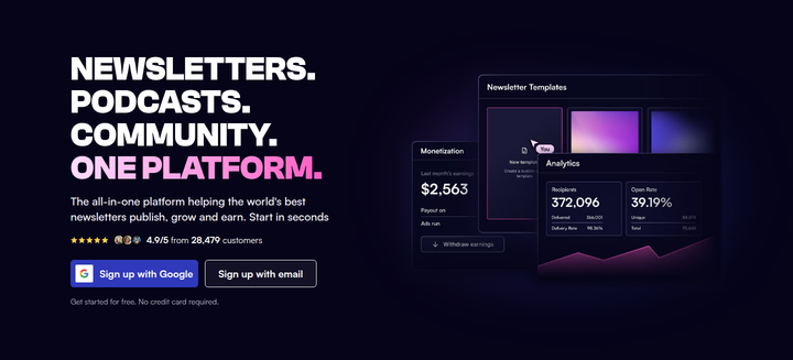 Newsletters. Podcasts. Community. One Platform. section from beehiiv