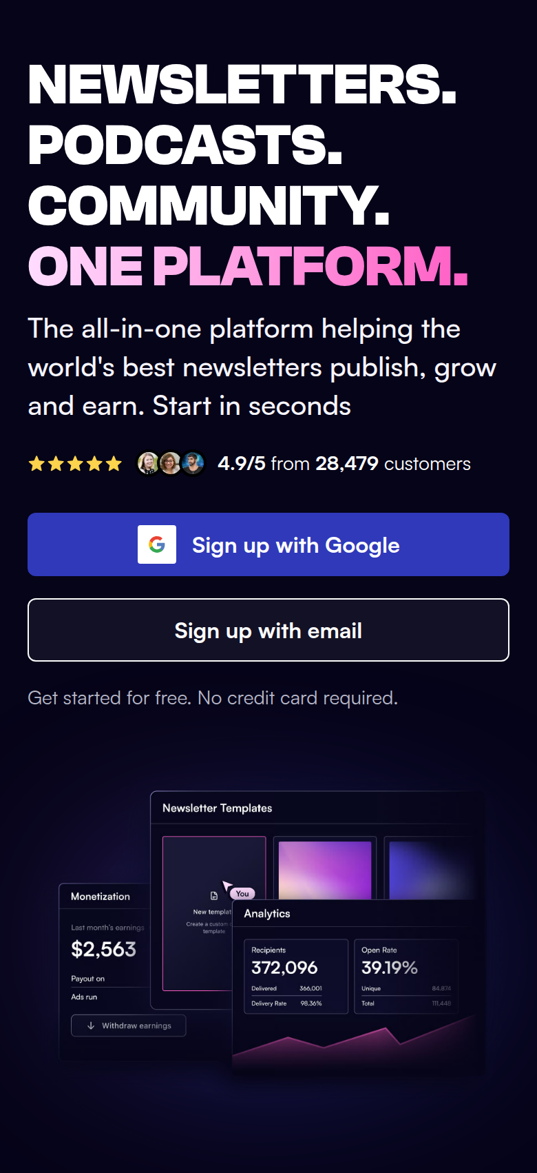Newsletters. Podcasts. Community. One Platform. section from beehiiv, on a phone